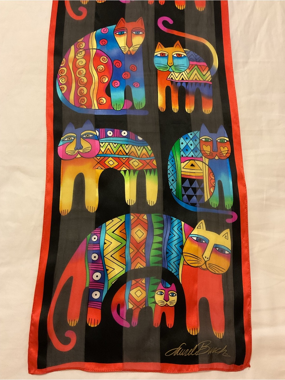 Famous Laurel Burch Multicolor Cats Scarf 100% silk- 56" by 11"